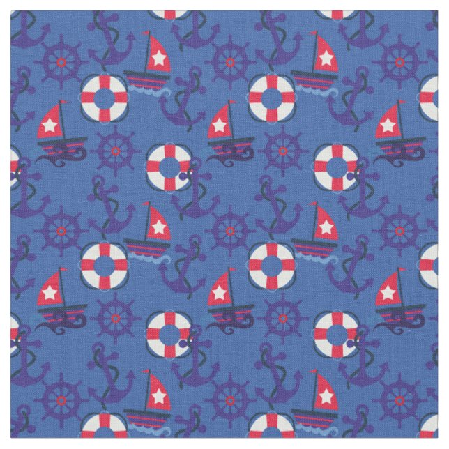 nautisch | Segelboote und Anker | Navy Blue, Red Stoff (Nahaufnahme)