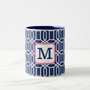 Nautisch weißes oktagonales geometrisches Monogram Zweifarbige Tasse