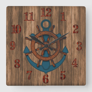 Nautische Anker aus altem Holz Quadratische Wanduhr