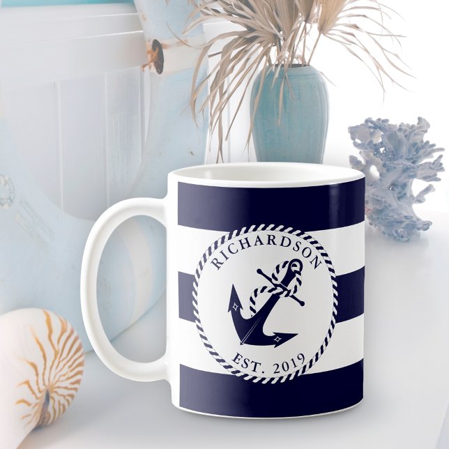 Nautische Anker Navy Blue und White Stripes Custom Kaffeetasse (Von Creator hochgeladen)