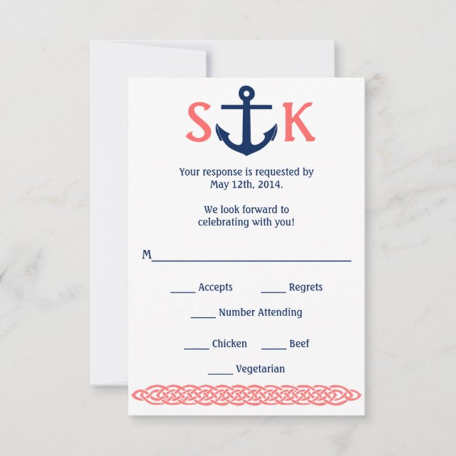 Nautische Anker RSVP Card Navy and Coral (Vorderseite)