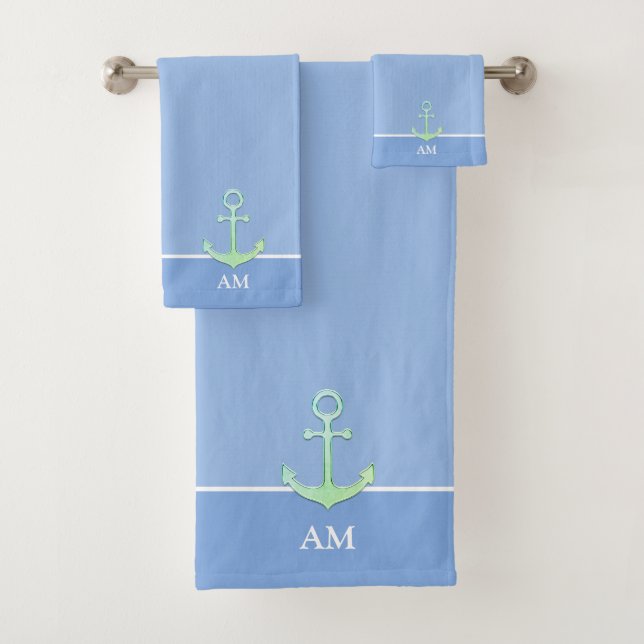 Nautische Anker und Monogramm auf hellblau Badhandtuch Set (Insitu)