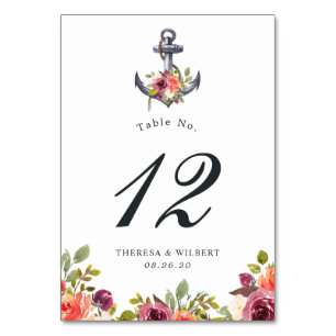 Nautische Anker-Wasserfarben-Blumenhochzeit Tischnummer