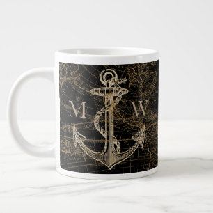Nautische Anker-Weltkarte Monogramm Schwarz Jumbo-Tasse