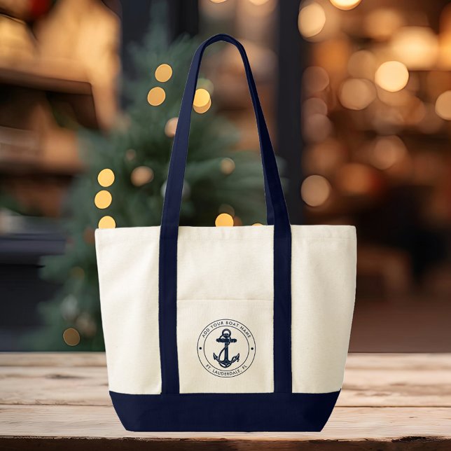 Nautische Ankerbootname Benutzerdefiniertes Boot Tragetasche (Nautical Anchor Custom Promotional Navy Blue Handles Tote Bag)