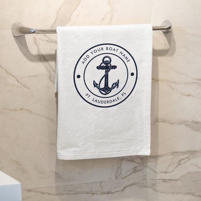 Nautische Ankerbootname Navy Blue Boote kundenspez Badehandtuch (Nautical Anchor White Bath Towel)