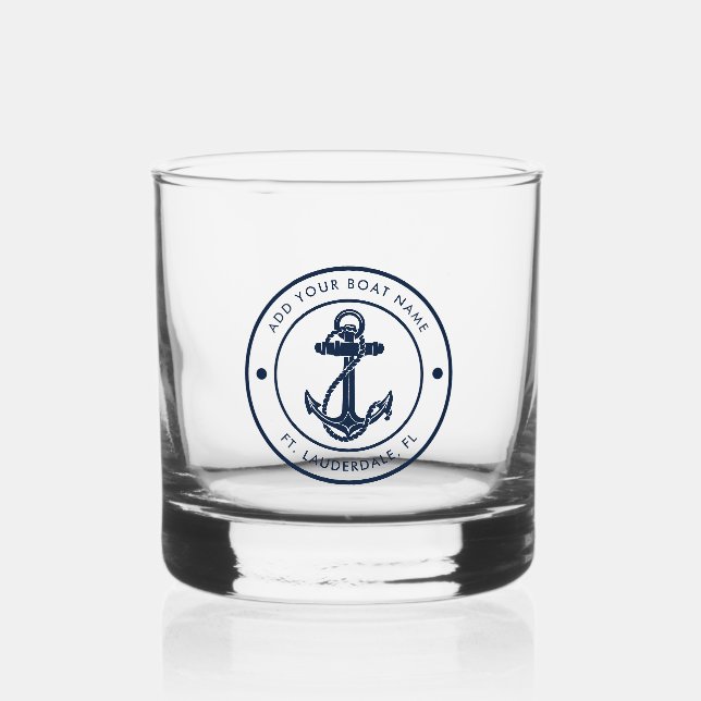 Nautische Ankerbootname Navy Blue Boote kundenspez Whiskyglas (Vorderseite)