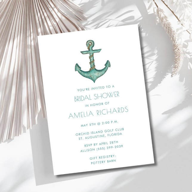 Nautische Ankerhalterung Aquamarin Stripe Brautpar Einladung (Nautical Anchor Teal Stripe Bridal Shower Invite)