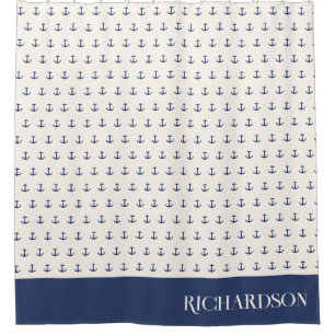 Nautische Ankerküste Streifen Navy Blue Creme Duschvorhang