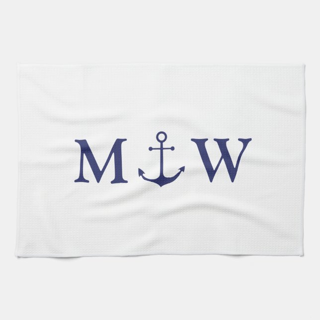 Nautische Ankernacht blaues weißes Paar monogramm Geschirrtuch (Horizontal)