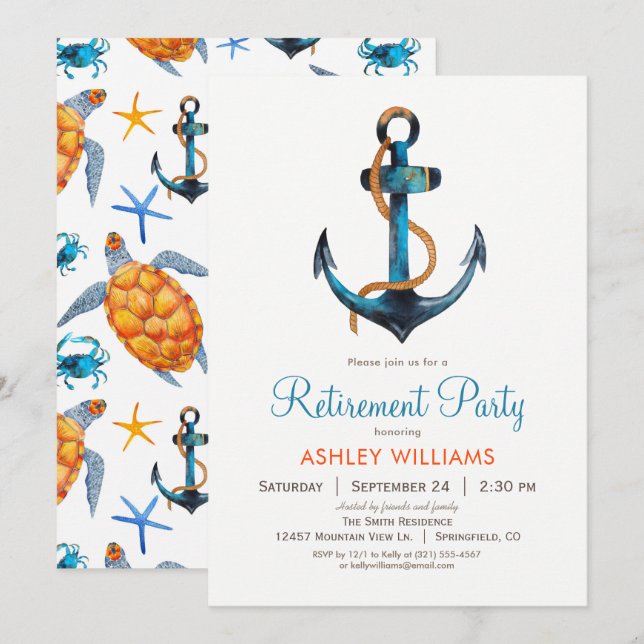 Nautische Ankerruhestandsregelung Party Einladung (Vorne/Hinten)