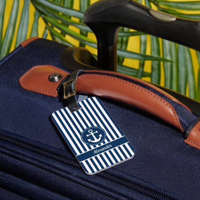Nautische Ankerseil Navy Blue Stripes Custom Gepäckanhänger (Vorderseite Insitu 1)
