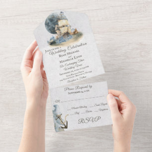 Nautische Aquarell-Schiff- und Vollmond-Hochzeit All In One Einladung