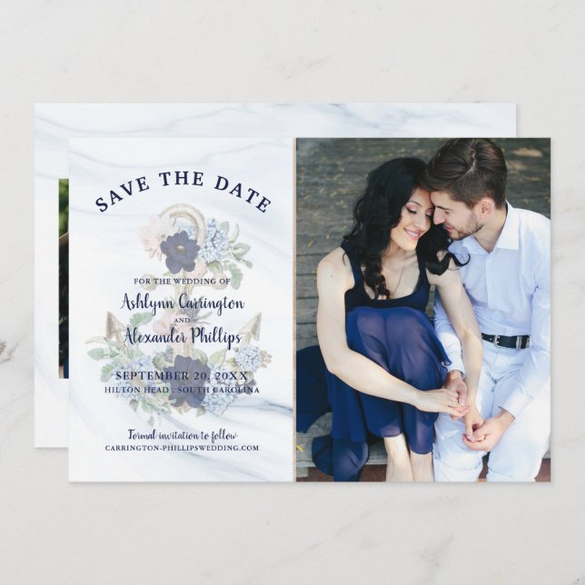 Nautische Aquarellblume Ankerschor Navy Blue Foto Save The Date (Vorne/Hinten)