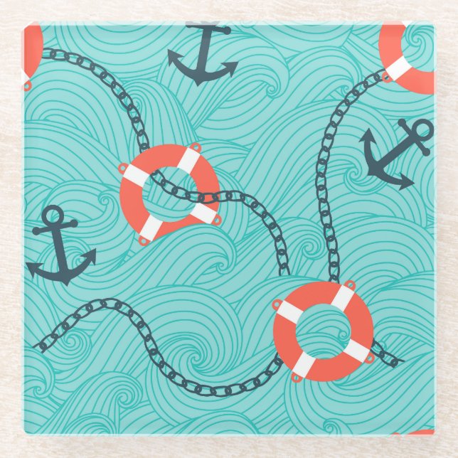 Nautische Attribute Freehand Nahtloses Muster Glasuntersetzer (Vorderseite)