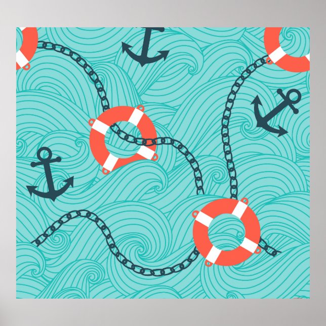 Nautische Attribute Freehand Nahtloses Muster Poster (Vorne)