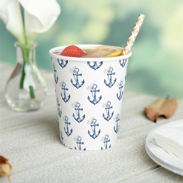 Nautische Babyduschpapier-Cups | Blue Floral Anch Pappbecher (In Situ)