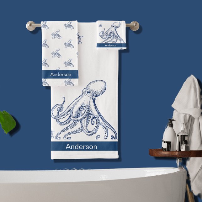 Nautische Badewanne Seefahrt Blauer Oktopus Badhandtuch Set (Von Creator hochgeladen)