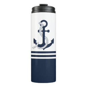 Nautische blaue Verankerungen mit blauen und weiße Thermosbecher