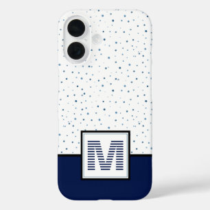 Nautische blaue weiße Punkte Streifen Monogramm iPhone 16 Hülle