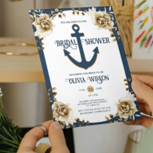 Nautische Brautparty Anker Blau Gold Blumen  Einladung