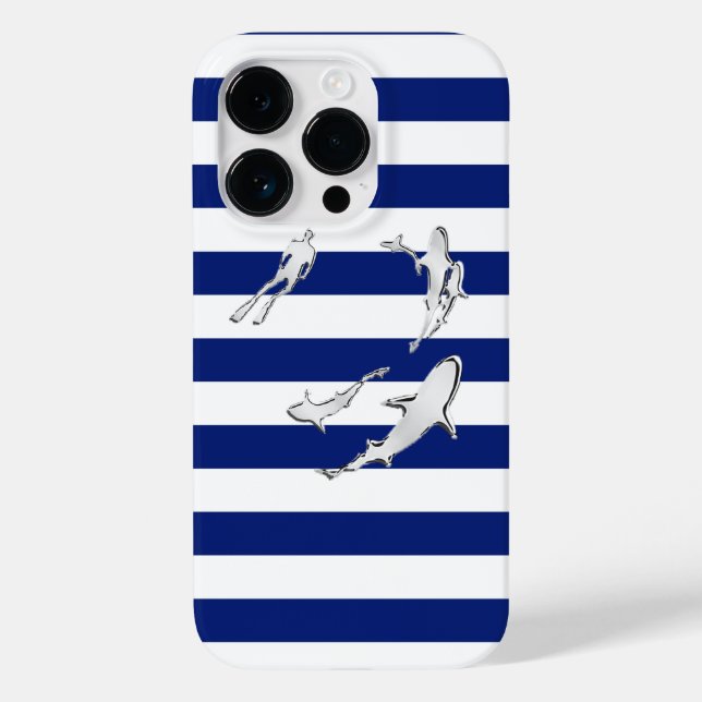 Nautische Chromhaie auf Navy Stripes Print Case-Mate iPhone Hülle (Rückseite)