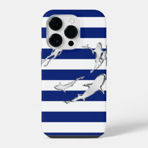 Nautische Chromhaie auf Navy Stripes Print iPhone Hülle