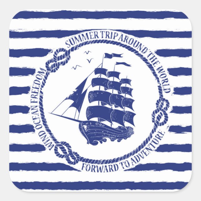 Nautische Emblem mit Segelschiff Quadratischer Aufkleber (Vorderseite)