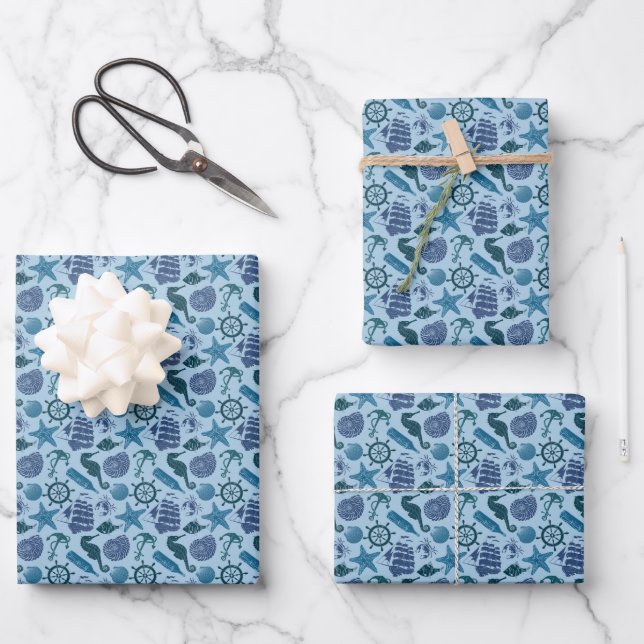 Nautische Farbtöne des blauen Musters Geschenkpapier Set (Vorderseite)