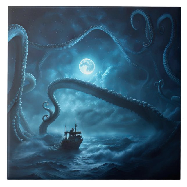 Nautische Fischerboote Riesenoktopus Kunst Fliese (Vorderseite)
