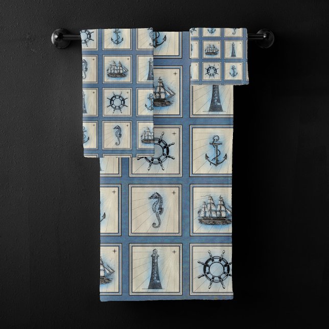 Nautische Fliesen | Blue Lighthouse Anchor Ship Wh Badhandtuch Set (Von Creator hochgeladen)