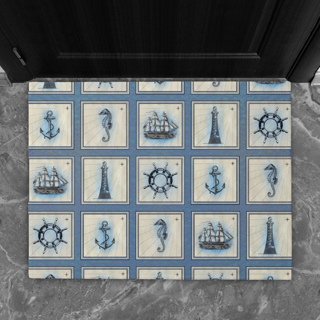 Nautische Fliesen | Blue Lighthouse Anchor Ship Wh Fußmatte (Von Creator hochgeladen)