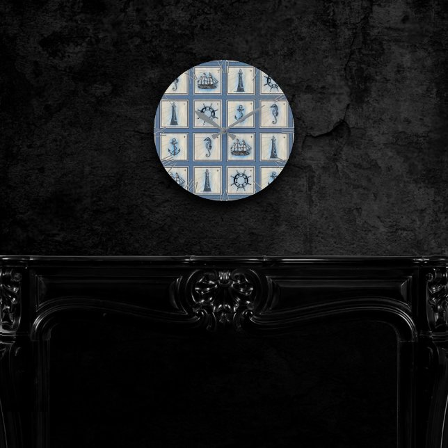 Nautische Fliesen | Blue Lighthouse Anchor Ship Wh Runde Wanduhr (Von Creator hochgeladen)