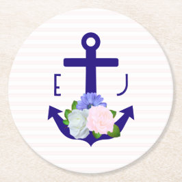 Nautische florale Streifen Hochzeit Runder Pappuntersetzer