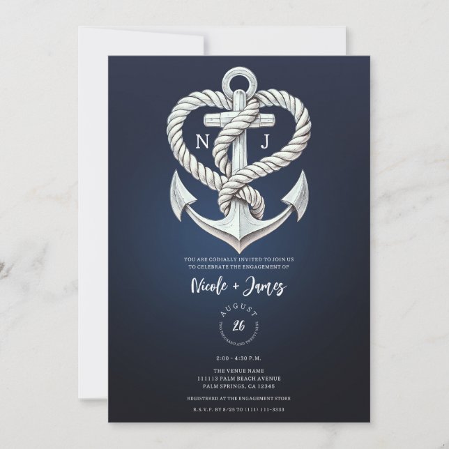 Nautische Heart Rope Anchor Coastal Navy Verlobung Einladung (Vorderseite)