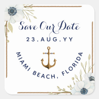 Nautische Hochzeit mit blauem und weißem Anemone Quadratischer Aufkleber