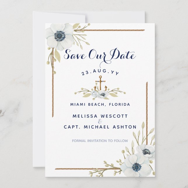 Nautische Hochzeit mit blauem und weißem Anemone Save The Date (Vorderseite)