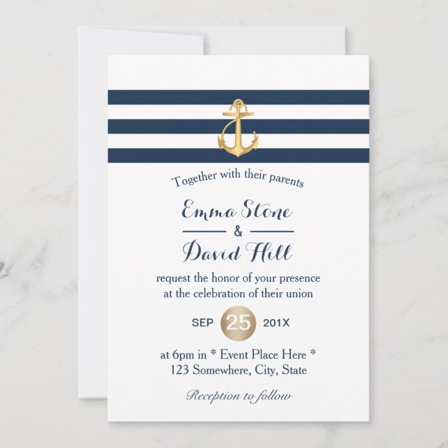 Nautische Hochzeit mit Gold Anchor Navy Einladung (Vorderseite)