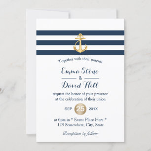 Nautische Hochzeit mit Gold Anchor Navy Einladung