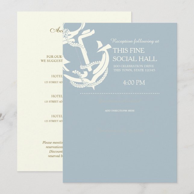Nautische Hochzeitsunterkünfte in Gold Anchor Einladung (Vorne/Hinten)