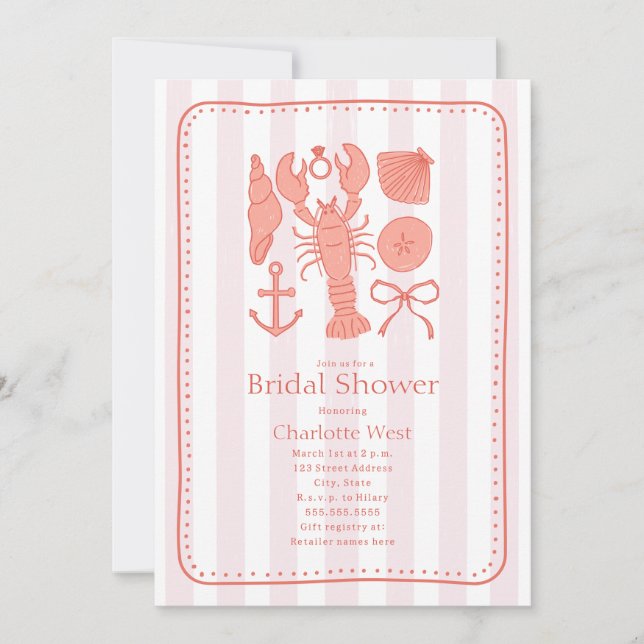 Nautische Hummer-Muscheln Rosa Bow-Brautparty Einladung (Vorderseite)