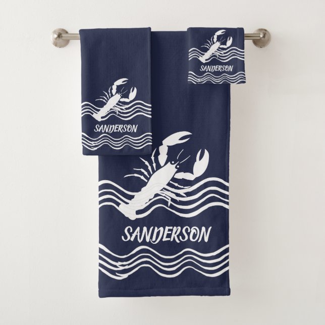 Nautische Hummer Navy Blue White Bath Monogram Badhandtuch Set (Insitu)