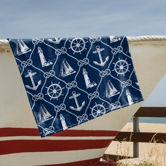 Nautische Icons Navy Blue und White Rope Strandtuch (Von Creator hochgeladen)