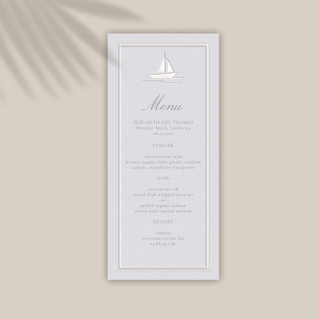 Nautische Imitate für Küstenschiffe, formelle Hoch Menükarte (coastal wedding menu classic formal traditional frame faux embossed boat nautical beach yacht)