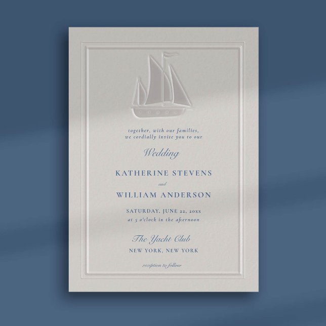 Nautische Imitate mit moderner klassischer Hochzei Einladung (nautical beach boat yacht coastal ocean wedding invitation faux embossed pearl frame classic)