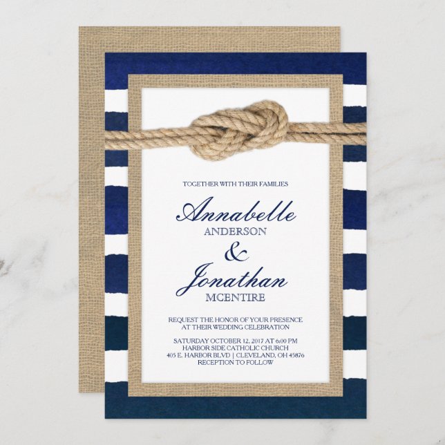 Nautische Knoten Burlap & Watercolor Navy Strips Einladung (Vorne/Hinten)