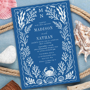 Nautische Krabbenschale Ozean Strand Blau Hochzeit Einladung