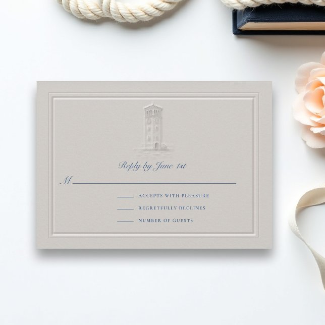 Nautische Leuchtturm-Küsten-Hochzeit RSVP elegant (coastal wedding rsvp lighthouse formal traditional double frame modern classic faux embossed)