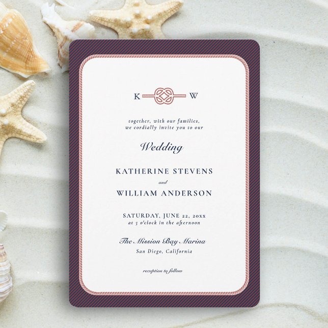 Nautische Liebe kennt Elegant-Hochzeit der Burgund Einladung (simple beach wedding invitation nautical rope infinity knot navy burgundy modern classic traditional)