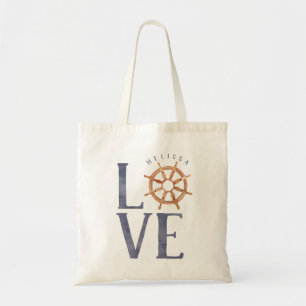 Nautische Liebe Wasserfarbe-Typografie + Steuerrad Tragetasche
